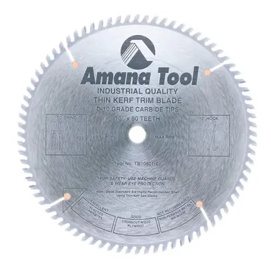 Amana TB10801 Carbide Tipped Thin Kerf Trim 10" D x 80T TCG, 10 Deg, 5/8 Bore, Circular Saw Blade