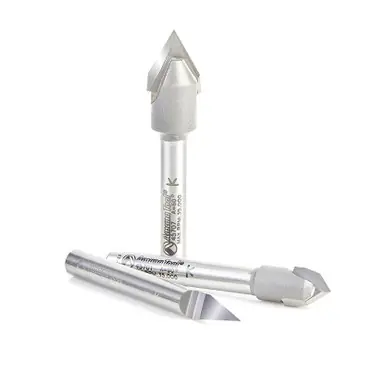 Amana AMS-129 3-Pc and Carbide Tipped 30, 60 and 90 Deg V-Groove Router Bit Pack, 1/4" Shank