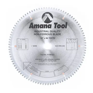 Amana 512961 Carbide Tipped Aluminum and Non-Ferrous Metals 12" D x 96T TCG, -6 Deg, 1" Bore,