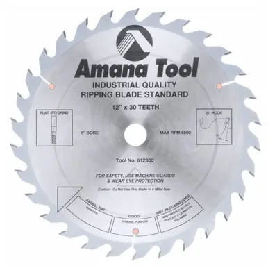 Amana 612300 Carbide Tipped Ripping Standard 12" D x 30T FT, 20 Deg, 1" Bore, Circular Saw Blade
