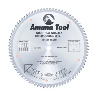 Amana MS12800-5/8 Carbide Tipped Miter 12" D x 80T 4+1 ATB, -2 Deg, 5/8 Bore, Circular Saw Blade