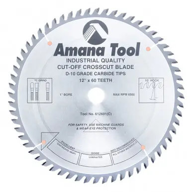 Amana 612601 Carbide Tipped General Purpose 12" D x 60T TCG, 10 Deg, 1" Bore, Circular Saw Blade