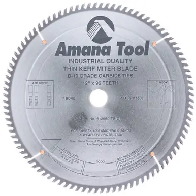 Amana 612960-TS Carbide Tipped Thin Kerf Miter 12" D x 96T ATB, 10 Deg, 1" Bore, Circular Saw Blade