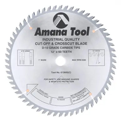 Amana 612600 Carbide Tipped Cut-Off and Crosscut 12" D x 60T ATB, 10 Deg, 1" Bore, Circular Saw