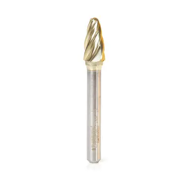 Amana BURS-142NF Radius Tree Shape Head 3/8 D x 3/4 CH x 1/4 Shank x 2-1/2" ZrN Coated Double Cut SF