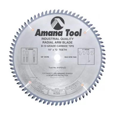 Amana 610721 Carbide Tipped Solid Surface 10" D x 72T M-TCG, 0 Deg, 5/8 Bore, Circular Saw Blade