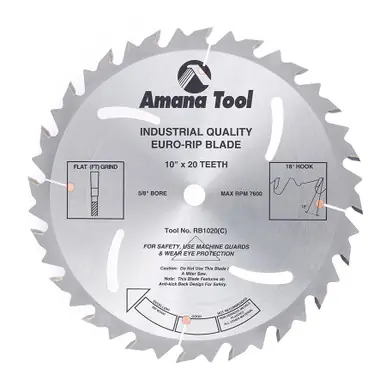 Amana RB1020 Carbide Tipped Euro Rip w/ Cooling Slots 10" D x 20T FT, 18 Deg, 5/8 Bore, Circular Saw