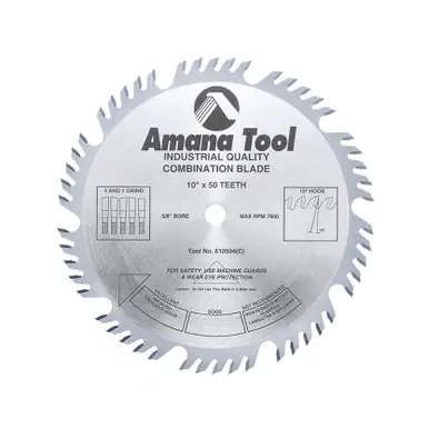 Amana 610504 Carbide Tipped Combination Ripping and Crosscut 10" D x 50T 4+1, 15 Deg, 5/8 Bore,