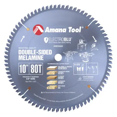 Amana MB10800C Electro-Blu Carbide Tipped Double-Face Melamine 10" D x 80T H-ATB, -6 Deg, 5/8 Bore,