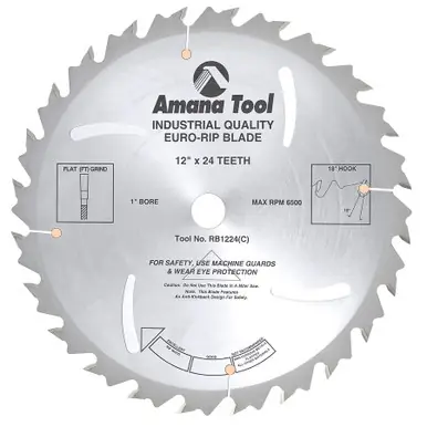 Amana RB1224 Carbide Tipped Euro Rip w/ Cooling Slots 12" D x 24T FT, 18 Deg, 1" Bore, Circular Saw