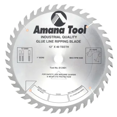 Amana 612401 Carbide Tipped Glue Line Ripping 12" D x 40T TCG, 22 Deg, 1" Bore, Circular Saw Blade