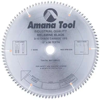 Amana MB12960 Carbide Tipped Double-Face Melamine 12" D x 96T H-ATB, -6 Deg, 1" Bore, Circular Saw