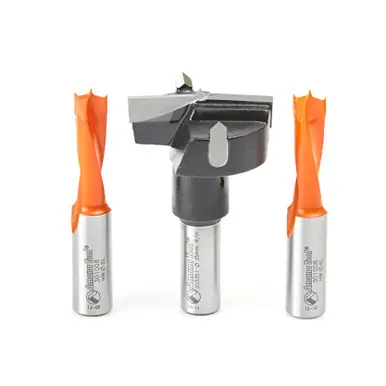 Amana HBM-102 3-Pc Hinge Boring 57 Long x 10mm Shank Carbide Tipped Bit Set Includes Two 301008