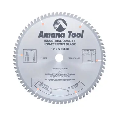 Amana 512721 Carbide Tipped Aluminum and Non-Ferrous Metals 12" D x 72T TCG, -6 Deg, 1" Bore,