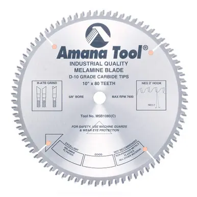 Amana MSB1080 Carbide Tipped Double-Face Melamine 10" D x 80T H-ATB, -2 Deg, 5/8 Bore, Circular Saw
