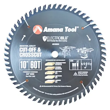 Amana 610600C Electro-Blu Carbide Tipped Cut-Off and Crosscut 10" D x 60T ATB, 10 Deg, 5/8 Bore,