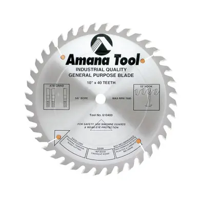 Amana 610400 Carbide Tipped General Purpose 10" Dia x 40T ATB, 15 Deg, 5/8 Bore, Circular Saw Blade
