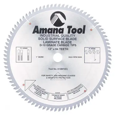 Amana 612841 Carbide Tipped Solid Surface 12" D x 84T M-TCG, 0 Deg, 1" Bore, Circular Saw Blade