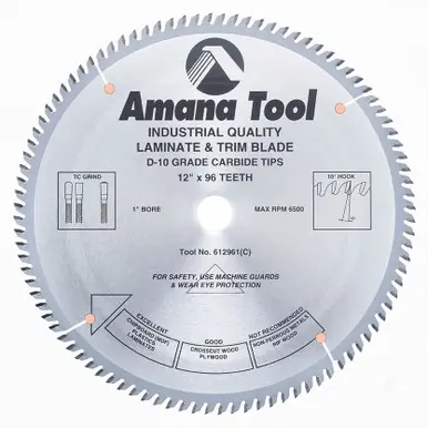 Amana 612961 Carbide Tipped Fine Cut-Off and Crosscut 12" D x 96T TCG, 10 Deg, 1" Bore, Circular Saw