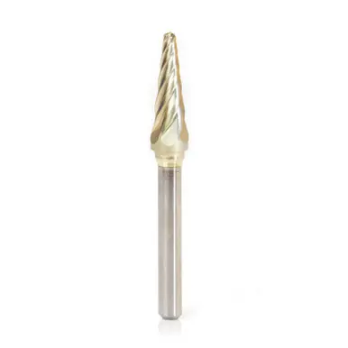 Amana BURS-214NF Radius Cone Shape Head 3/8 D x 1-1/16 CH x 1/4 Shank x 2-13/16" ZrN Coated Double