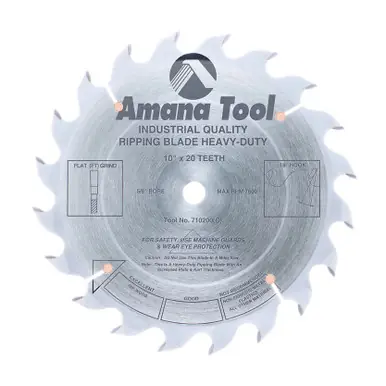 Amana 710200 Carbide Tipped Heavy-Duty Ripping 10" D x 20T FT, 18 Deg, 5/8 Bore, Circular Saw Blade