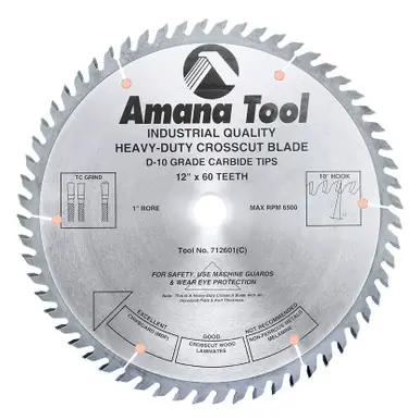 Amana 712601 Carbide Tipped Cut-Off and Crosscut 12" D x 60T TCG, 15 Deg, 1" Bore, Circular Saw