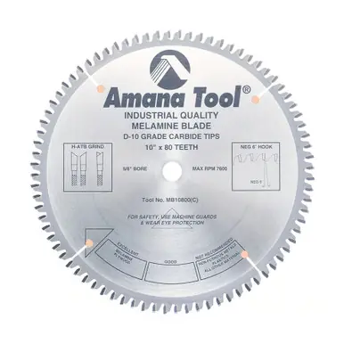 Amana MB10800 Carbide Tipped Double-Face Melamine 10" D x 80T H-ATB, -6 Deg, 5/8 Bore, Circular Saw