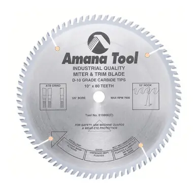 Amana 610800 Carbide Tipped Trim 10" D x 80T ATB, 10 Deg, 5/8 Bore, Circular Saw Blade