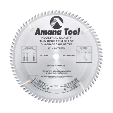 Amana 610800-TS Carbide Tipped Thin Kerf Miter 10" D x 80T ATB, 10 Deg, 5/8 Bore, Circular Saw Blade