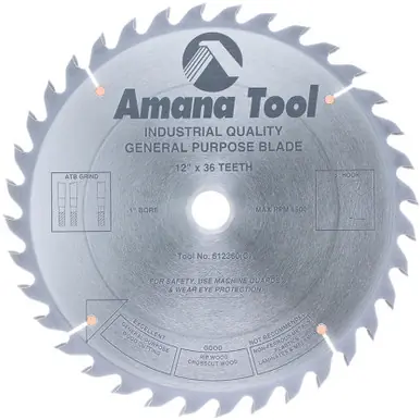 Amana 612360 Carbide Tipped General Purpose 12" D x 36T ATB, 15 Deg, 1" Bore, Circular Saw Blade