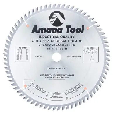Amana 612721 Carbide Tipped General Purpose 12" D x 72T TCG, 10 Deg, 1" Bore, Circular Saw Blade