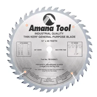 Amana TB10400 Carbide Tipped Thin Kerf General Purpose 10" D x 40T ATB, 15 Deg, 5/8 Bore, Circular