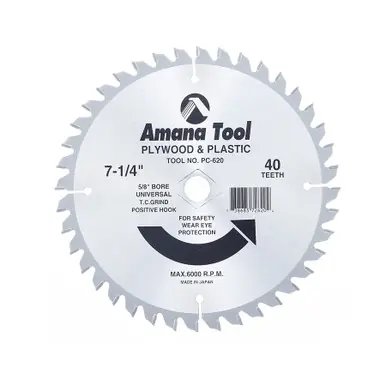 Amana PC-620 Carbide Tipped Plywood & Plastic 7-1/4" D x 40T TCG, 5/8 - Universal Bore, Circular Saw