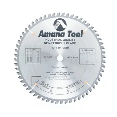 Amana 510601-30 Carbide Tipped Aluminum and Non-Ferrous Metals 10" D x 60T TCG, -6 Deg, 30MM Bore,