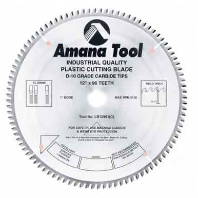 Amana LB12961 Carbide Tipped Non-Melt Plastic 12" D x 96T M-TCG, -2 Deg, 1" Bore, Circular Saw Blade