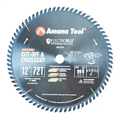 Amana 612720C Electro Blu Carbide Tipped Cut-Off and Crosscut 12" D x 72T ATB, 10 Deg, 1" Bore,