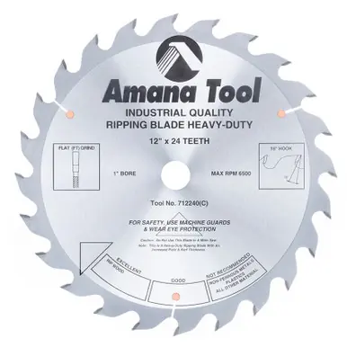 Amana 712240 Carbide Tipped Heavy-Duty Ripping 12" D x 24T FT, 18 Deg, 1" Bore, Circular Saw Blade