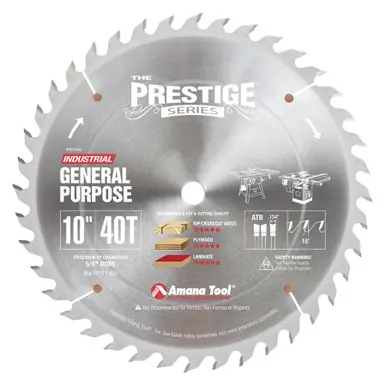 Amana PR1040 Carbide Tipped Prestige 10" D 40T ATB, 18 Deg, 5/8 Bore, Circular Saw Blade