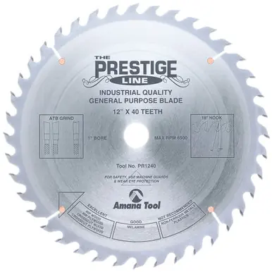 Amana PR1240 Carbide Tipped 12" D 40T ATB, 18 Deg, 1" Bore, Circular Saw Blade