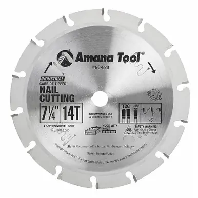 Amana NC-820 Carbide TippedNail Cutting & Demolition 7-1/4" D x 14T 5/8 Bore, Circular Saw Blade