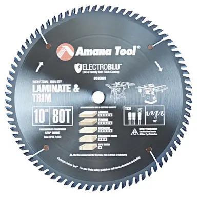 Amana 610801C Electro-Blue Carbide Tipped Fine Cut-Off and Crosscut 10" D x 80T TCG, 10 Deg, 5/8