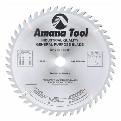 Amana 612480 Carbide Tipped General Purpose 12" D x 48T ATB, 15 Deg,1" Bore, Circular saw Blade