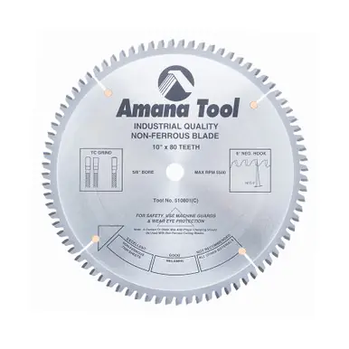 Amana 510801 Carbide Tipped Aluminum and Non-Ferrous Metals 10" D x 80T TCG, -6 Deg, 5/8 Bore,