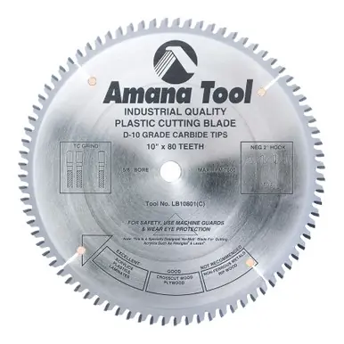 Amana LB10801 Carbide Tipped Non-Melt Plastic 10" D x 80T M-TCG, -2 Deg, 5/8 Bore, Circular Saw