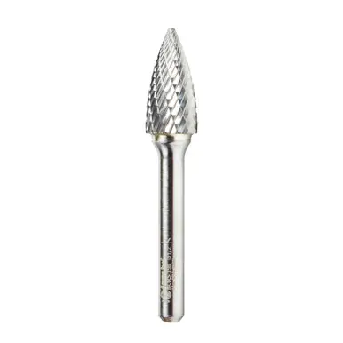 Amana BURS-198 Pointed Tree Shape Head 1/2 D x 1 CH x 1/4 Shank x 2-3/4" Double Cut SG Burr Bit