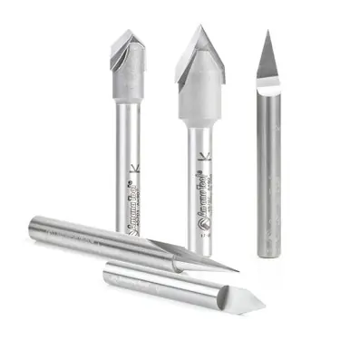 Amana AMS-159 5-Pc and Carbide Tipped 18, 30, 45, 60 and 90 Deg V-Groove Router Bit Pack, 1/4" Shank