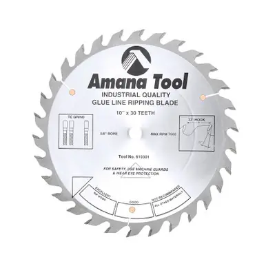 Amana 610301 Carbide Tipped Glue Line Ripping 10" D x 30T TCG, 22 Deg, 5/8 Bore, Circular Saw Blade