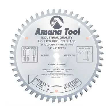 Amana HG10480 Carbide Tipped Hollow Ground 10" D x 48T HG, -6 Deg, 5/8 Bore, Circular Saw Blade