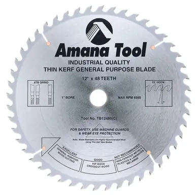 Amana TB12480 Carbide Tipped Thin Kerf General Purpose 12" D x 48T ATB, 15 Deg, 1" Bore, Circular