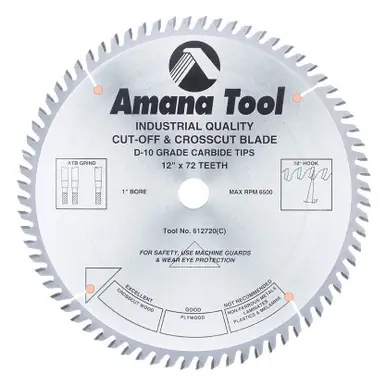 Amana 612720 Carbide Tipped Cut-Off and Crosscut 12" D x 72T ATB, 10 Deg, 1" Bore, Circular Saw